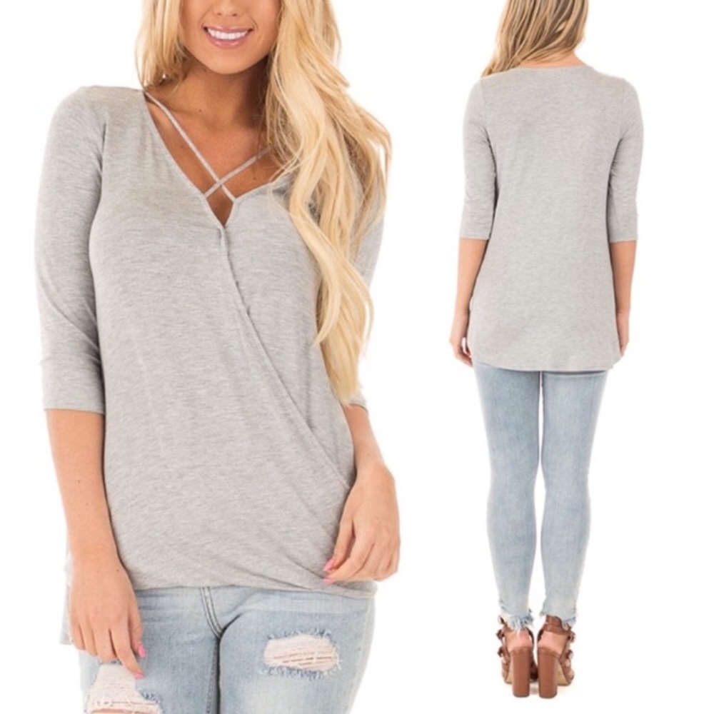 Strappy Cross Front High Low Super Soft 3/4 Sleeve Knit Top - Picture 1 of 8
